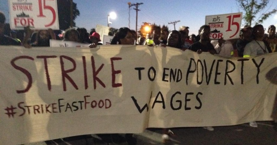 Striking fast-food workers in Detroit on Thursday, September 4 are among those nationwide demanding a $15 minimum wage, better workplace protections, and the right to join a union. (Photo: Twitpic)
