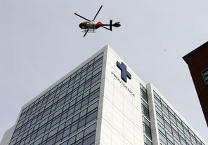 Alan Berner / The Seattle TimesAfter the Marysville-Pilchuck High School shooting, an empty Airlift NW helicopter leaves Providence Regional Medical Center in Everett at 12:30 p.m. But at 1:35 p.m. the crew was called back to transport one of the victims to Harborview. 