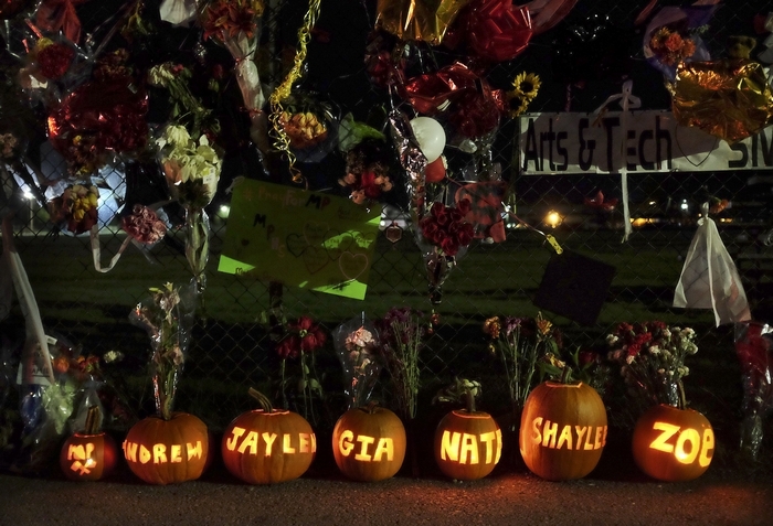 Genna Martin / The HeraldPumpkins with the names of the victims and shooter of the Marysville Pilchuck High School shooting carved into them sit along the south fence of the school, which has become a growing memorial. The shooter, Jaylen Freyberg, and victims Zoe Galasso and Gia Soriano have died. Andrew Freyberg and Shaylee Chuckulnaskit are in critical condition and Nate Hatch is in satisfactory condition.