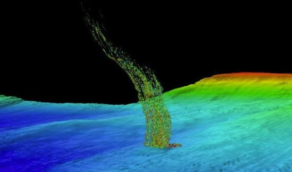 Sonar image of bubbles rising from the seafloor off the Washington coast. The base of the column is one-third of a mile (515 meters) deep and the top of the plume is at 1/10 of a mile (180 meters) deep. | credit: Brendan Philip / UW 