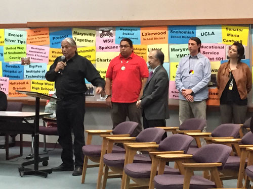 Denny Hurtado, outgoing WA Office of Native Education Director speaks to Marysville School Board, Monday, Dec. 8, 2014, on developing Since Time Immemorial curriculum. (Tulalip News/ Brandi N. Montreuil)