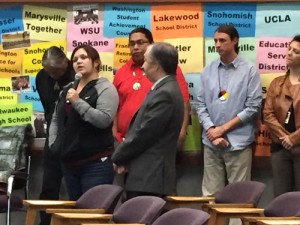 Tulalip member and MSD Native Liaison Eliza Davis speaks to Marysville School Board members, Monday, Dec. 8, 2014, on the importance of accurate tribal history in school curriculum. (Tulalip News/ Brandi N. Montreuil) 