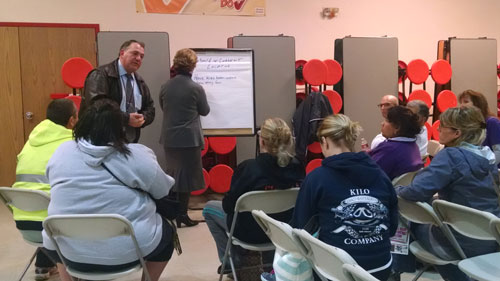 Jim Baker, Marysville School District finance director, hears input on the Marylsville-Pilchuck cafteria during a community meeting held, Monday, Dec. 11, 2014, at Cedarcrest Middle School. (Tulalip News/ Brandi N. Montreuil)