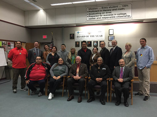 Marysville School Board members, MSD Native American Liaisons, Denny Hurtado of WA Office of Native Education and Dr. Kyle Kinoshita the Ex. Dir. of Learning and Teaching, Monday, Dec. 8, 2014, following the passing of Since Time Immemorial curriculum in MSD schools. (Tulalip News/ Brandi N. Montreuil)