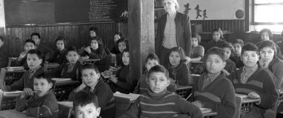 Cree students at the Anglican-run Lac La Ronge Mission School in Saskatchewan in 1945. (Archives and Library of Canada)