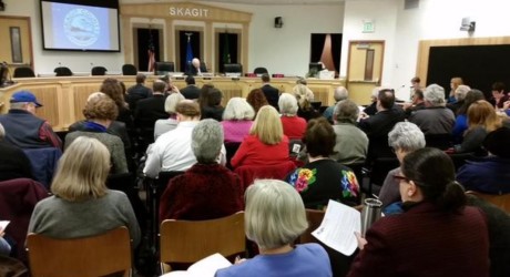 More than 100 people attended the hearing in Skagit County for a proposal by Shell Oil to build a rail expansion to receive oil trains at its Anacortes refinery. Matt Krogh