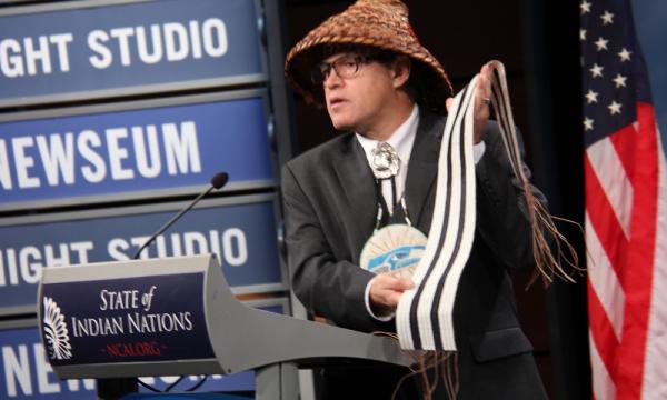Vincent SchillingNational Congress of American Indians President Brian Cladoosby held up an Iroquois Wampum belt as a gesture of mutual respect between all Indian Nations during his State of Indian Nations address last week.