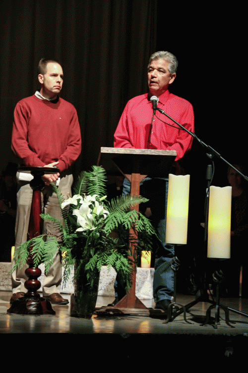 Marysville Mayor Jon Nehring and Tulalip Tribes vice-chairman Les Parks speak about the two communities coming together to support one another following the shooting at the school on October 24, at an interfaith prayer service held, Tuesday, Feb. 24, 2015, in Marysville, WA. (Tulalip News/ Brandi N. Montreuil)