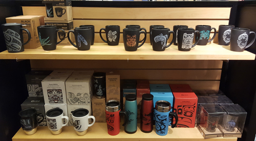 The Hibulb Cultural Center Gift Shop offers a nice array of Native designed coffee cups and travel mugs.Photo/Mara HIll
