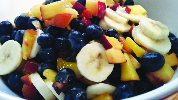 For this desert of peaches and blueberries, I added bananas to cut the acid and sweeten it, then tossed it all with juice from about half a lime. No sugar needed. 