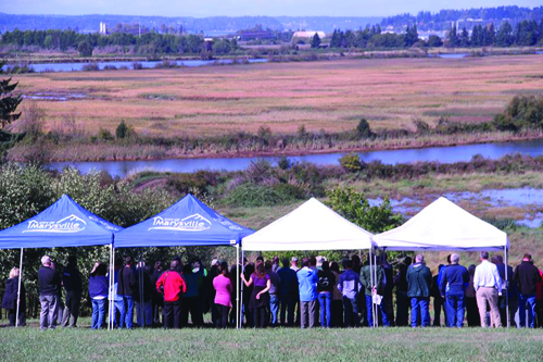 Partners from the Tulalip Tribes and a dozen other agencies and groups, including Marysville, the U.S. Army Corps of Engineers, and NOAA, take in the view of the Qwuloolt Estuary on September 2, 2015. The levee was breached August 28, allowing the return of its native marshland.