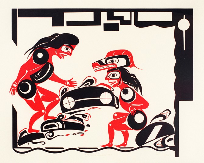 On Vancouver Island, the Nuu-chah-nulth people told tales of mountain dwarves inviting a person to dance around their drum. When the person accidentally kicked the drum—depicted in the illustration above by Nuu-chah-nulth artist Tim Paul—he got earthquake foot and his steps set off vast tremors. Image courtesy of the Royal BC Museum and Archives