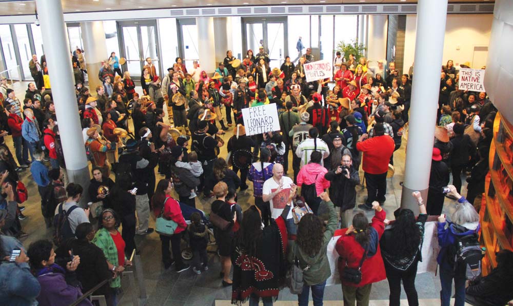 Crowd gathered at Seattle Cith Hall where Indigenous Peoples’ Day celebrators were greeted by the Seattle Mayor and Seattle City Councilmembers. Photo/Micheal Rios
