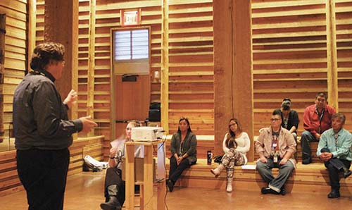 Tulalip’s Chief Judge, Ron Whitener, speaks with community members at the Tulalip Hibulb Cultural Center on the benefits of the Wellness Court versus traditional court. 